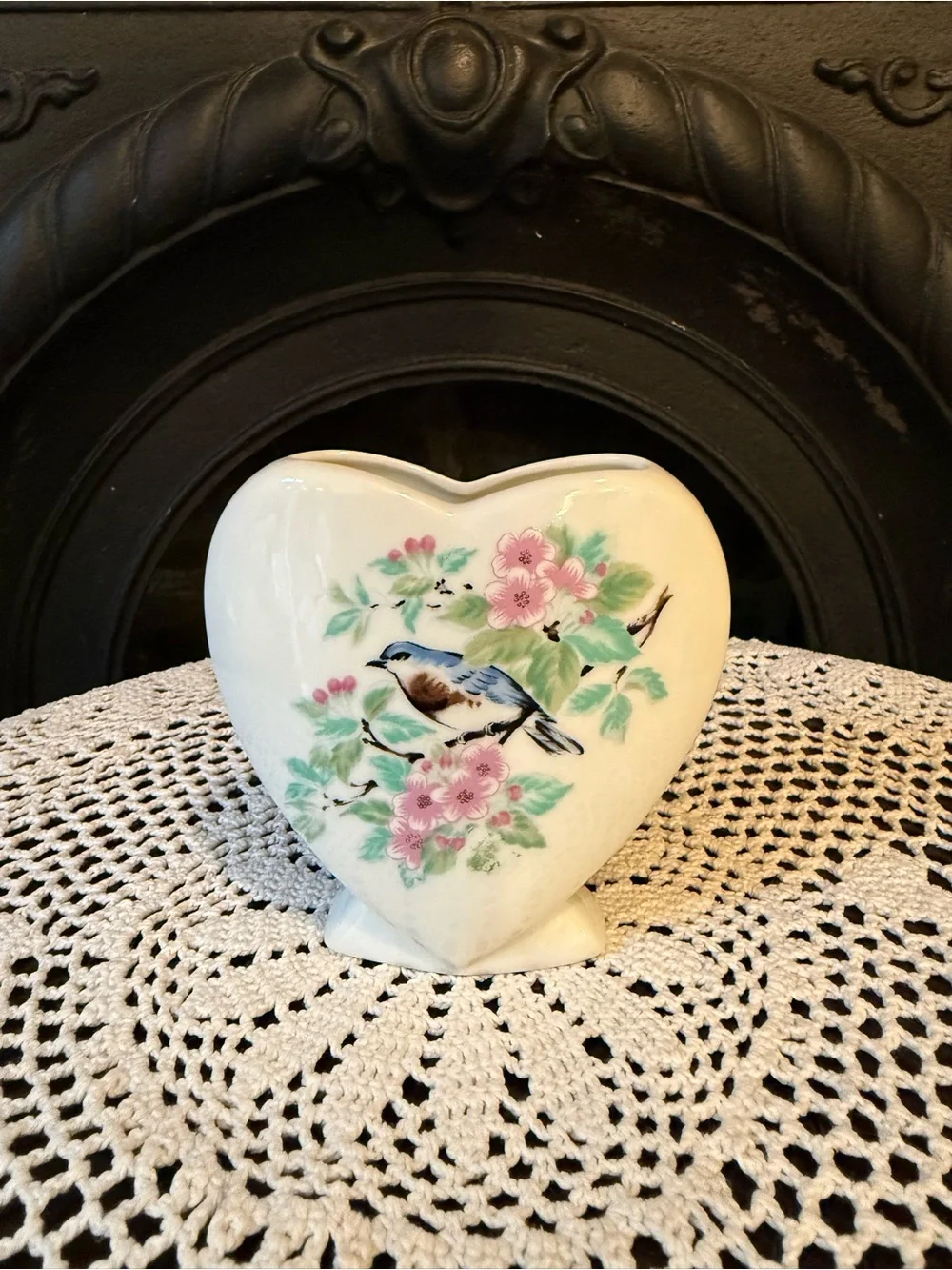 Heart-Shaped Porcelain Bud Vase with Bluebird  Design